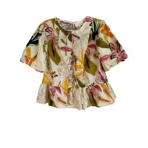Mellowday Mediterranean Boho Floral Puff Sleeve Artisan Modern Top Women's Large